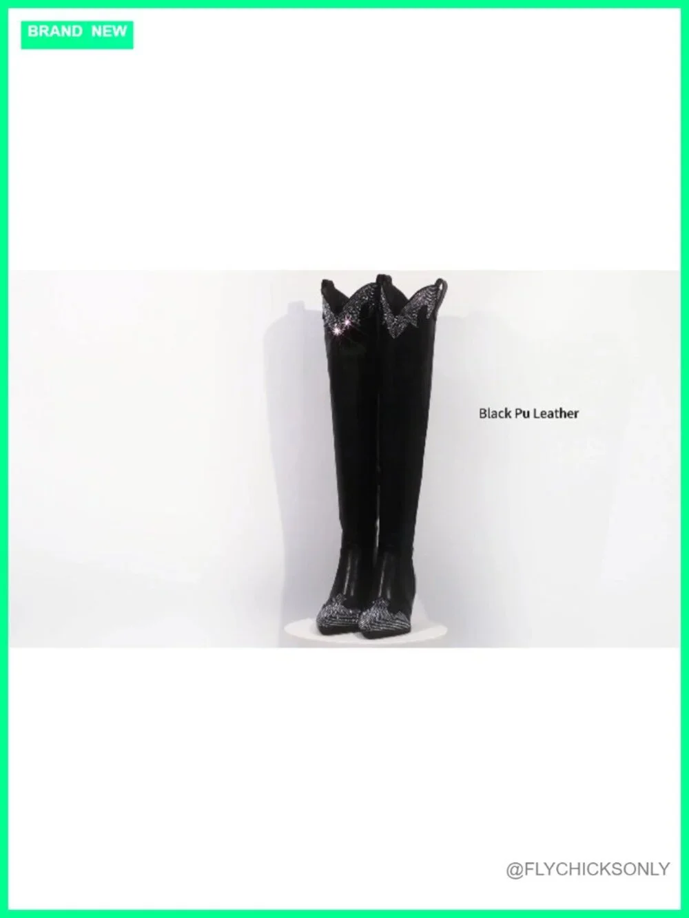 Women's Faux Leather Thigh High Cowboy Boots Rhinestone Chunky Heel Pointed Toe